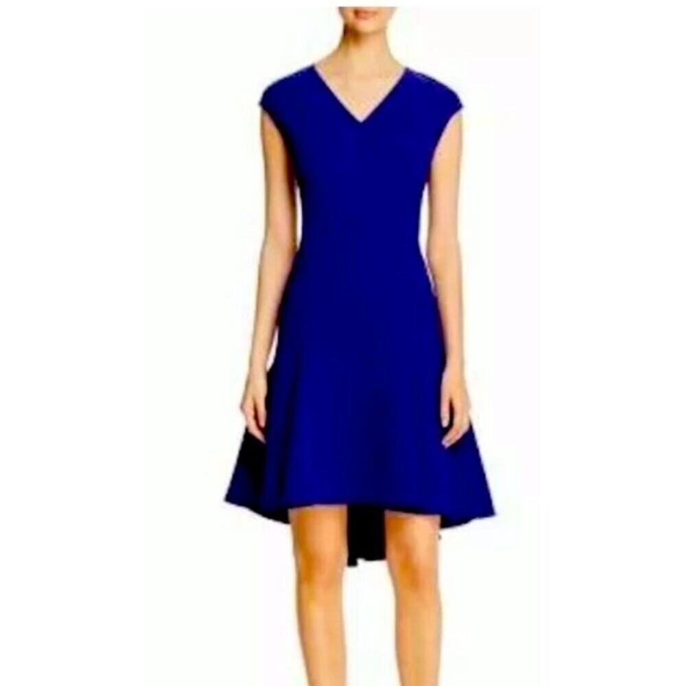 NWT Karen Millen Womens Blue Cap Sleeve V-Neck Hi Low Hem A-Line Dress Size 4